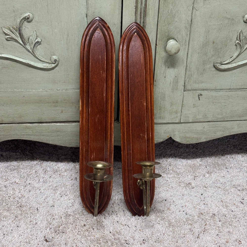 Home Interiors Vintage Wood and Brass Wall Sconce Pair Taper Candle Holders 18x3